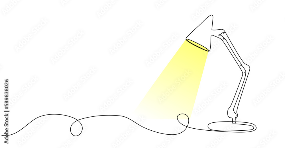 Poster table lamp one line drawing. continuous line drawing luminous table lamp on white background. vector