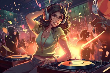 Fototapeta na wymiar Illustration of A DJ woman playing music at a nightclub is a dynamic and energetic image that captures the vibrant and lively atmosphere of nightlife. Generative AI