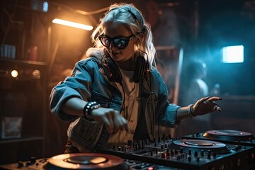 Fototapeta na wymiar A DJ woman playing music at a nightclub is a dynamic and energetic image that captures the vibrant and lively atmosphere of nightlife. Generative AI