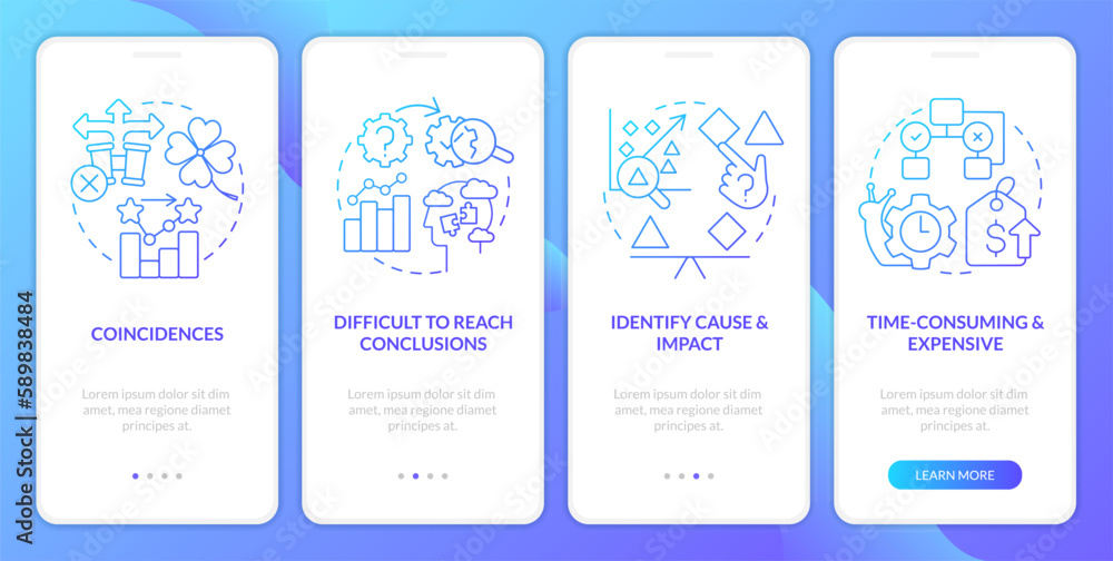 Poster causal research disadvantages blue gradient onboarding mobile app screen. walkthrough 5 steps graphi