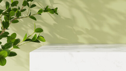 Minimal empty white marble counter table top, green tree branches in sunlight, leaf shadow on green wall, background for cosmetic, skincare, beauty treatment product display