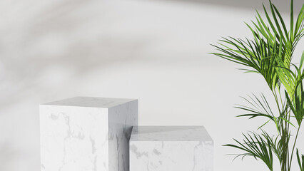 Empty pair of square marble stone podiums for products display, background with sunlight and palm leaves