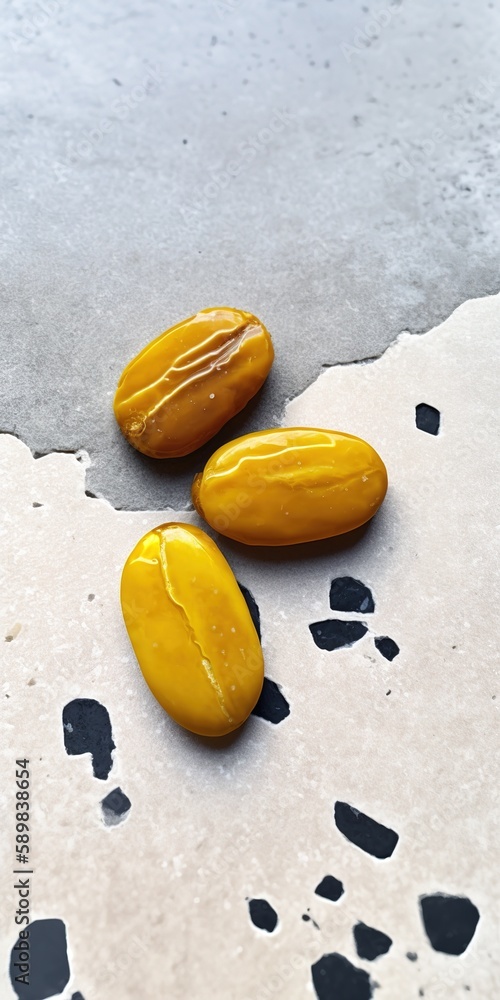 Poster dried dates in yellow form a pattern on the gray slab. generative ai