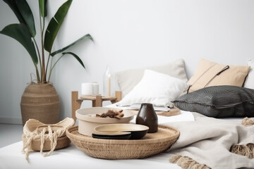 Fototapeta na wymiar table home interior design rattan bed palm furniture lamp tray modern. Generative AI.