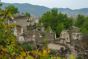 Abandoned Greek village in Turkey. Stone houses and ruins of Fethiye Kayakoy.