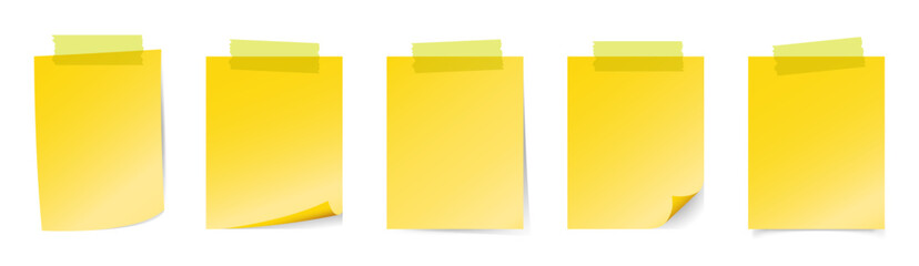 Set realistic yellow sticky notes vector design isolated with tape and realistic shadow