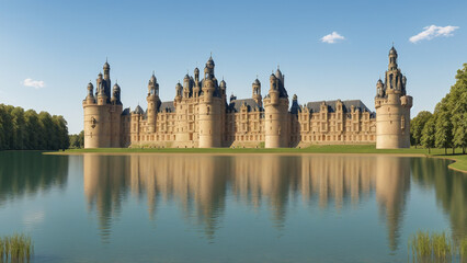 Obraz premium Illustration of a French Renaissance style Chateau by the lake on a spring day - AI Generated