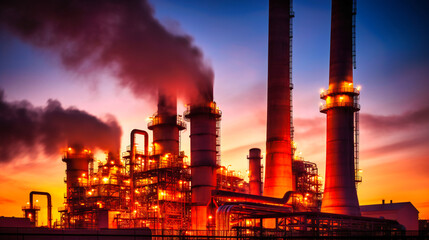 A close view of a gas-fired power plant and factory building, showcasing vibrant colors and cinematic effects