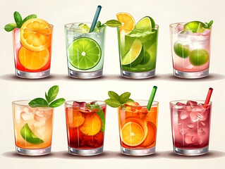 Illustration of a set of classical drinks in tnasparent glasses. A row of summer cocktails on a light background, menu concept, icons. Banner with soft and alcohol drinks. Generative AI