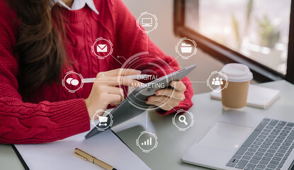 Digital marketing technology concept, Businessmen use tablet connection technology and digital marketing.