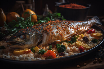 Baked fish with rice and vegetables, generative ai