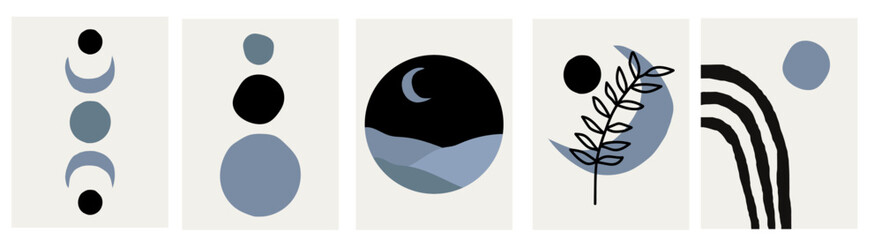collection of modern abstractions in boho style in blue and black colors: moon, night landscape, plant silhouette and geometric shapes on a beige background