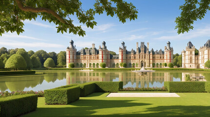Obraz premium Illustration of a French Renaissance style Chateau by the lake on a spring day - AI Generated