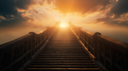 Fototapeta na wymiar ascending stairs to the sun. God is great. bright heavenly light background religion wonderful sky the dawn sky born light solar flare up Generated AI