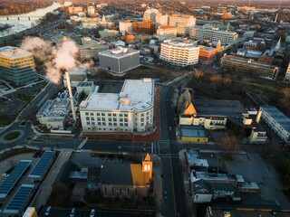 Aerial of the cityscape of Trenton with its residential buildings and highways in New Jersey at dawn