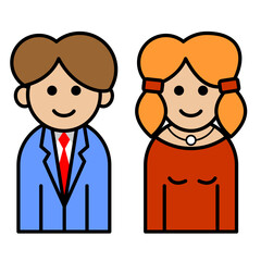 Man and woman, wife and husband icon. Colorful line art cartoon style, editable vector file on transparent background.