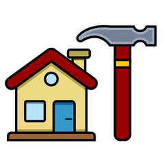Hammer and house icon. Colorful line art cartoon style, editable vector file on transparent background. Renovation, construction and restoration concept