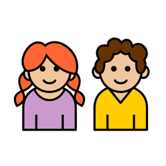 Boy and girl icon. Colorful line art cartoon style, editable vector file on transparent background.