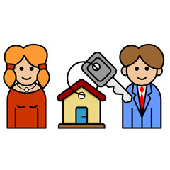 Man, woman, House and Key icon. Colorful line art cartoon style, editable vector file on transparent background. Home buying and renting concept