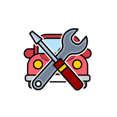 Wrench and screwdriver on the car. Colorful line art cartoon style, editable vector file on transparent background.