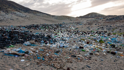 Plastic bottles and various garbage from hotels in the wild, Garbage dump in the desert in Egypt