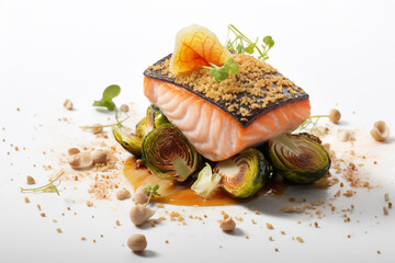 Baked salmon with roasted Brussels sprouts and quinoa, generative ai