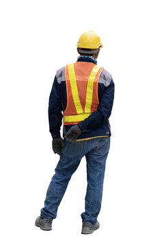 Back View Of Construction Worker In Safety Jacket  And Yellow Safety Helmet.