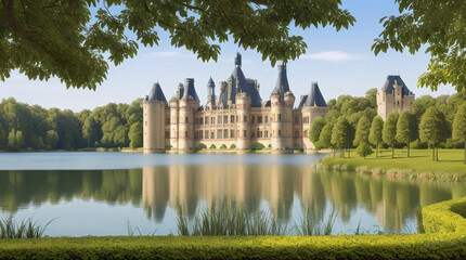 Fototapeta na wymiar Illustration of a French Renaissance style Chateau by the lake on a spring day - AI Generated