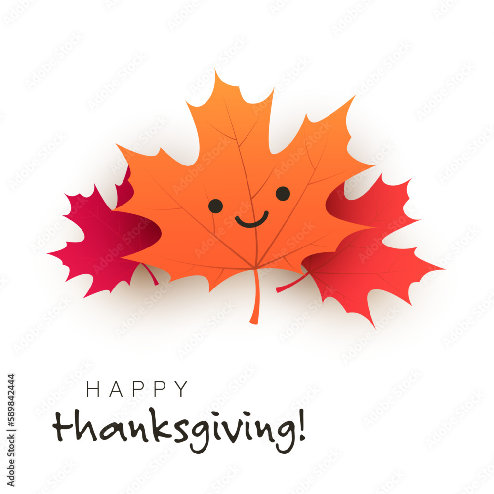 Poster happy thanksgiving card layout with smiling face on maple tree leaf, design template with scattered 