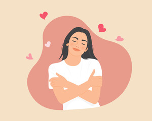 Beautiful young woman holding her hands, enjoying a good life, loving herself. Vector illustration, concept of health care or love.