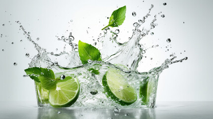 Fototapeta na wymiar Water splash on white background with lime slices, mint leaves Generated AI