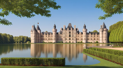 Fototapeta na wymiar Illustration of a French Renaissance style Chateau by the lake on a spring day - AI Generated
