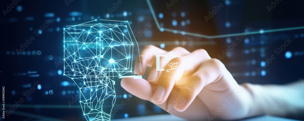 Poster human hand using machine learning touches ai button in background of large data network connection. 