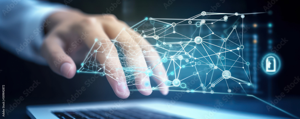 Poster human hand using machine learning touches ai button in background of large data network connection. 