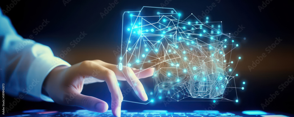 Poster human hand using machine learning touches ai button in background of large data network connection. 