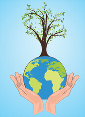 Planet earth with tree in hands nature conservation ecology vector illustration