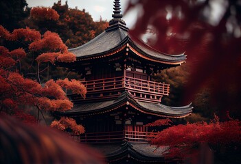 Autumnal Kyoto's Toji Temple's aged wooden pagoda, amid the garden. Generative AI