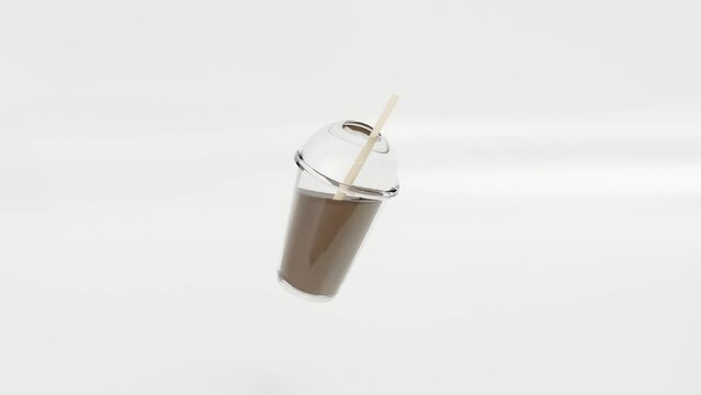 Animation. Ice coffee on plastic cup with a cup holder, isolated on transparent background. 3D render PNG illustration. Transparent plastic cup