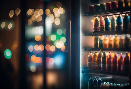 Blurred out-of-focus beers cooling in fridge with night-life background. Concept image of night-club, bar, pub, store or grocery. Generative AI