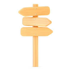 3d wooden arrow direction road sign isolated on white background. Render of wood arrow crossroad sign for right direction and street, one way concept. 3d cartoon simple vector illustration