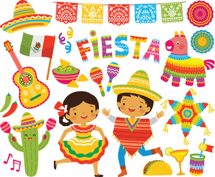 Fiesta and Cinco de Mayo clipart set. Mexican party elements and kids in traditional clothes.