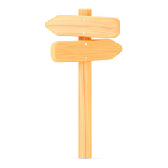 3d wooden arrow direction road sign isolated on white background. Render of wood arrow crossroad sign for right direction and street, one way concept. 3d cartoon simple vector illustration