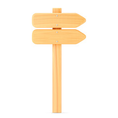 3d wooden arrow direction road sign isolated on white background. Render of wood arrow crossroad sign for right direction and street, one way concept. 3d cartoon simple vector illustration