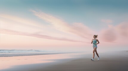 Young woman tourist in sports clothes is enjoying a leisurely run on the beach. The perfect summer day for jogging by the water, AI generative.