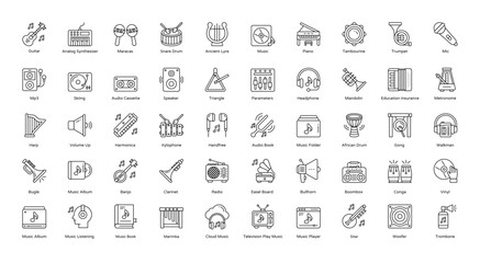 Obraz na płótnie Canvas Instruments Thin Line Icons Music Instrument Icon Set in Outline Style 50 Vector Icons in Black