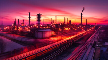 Obraz na płótnie Canvas A wide-angle, long exposure shot capturing the petrochemical industry's glow at sunset, with dynamic light trails.
