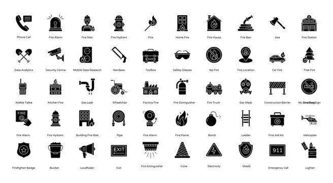 Fire Department Glyph Icons Firefighter Icon Set in Glyph Style 50 Vector Icons in Black