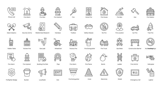 Fire Department Thin Line Icons Firefighter Icon Set in Outline Style 50 Vector Icons in Black