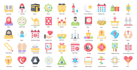 Religion Flat Icons Christian Religous Bible Icon Set in Color Style 50 Vector Icons in Black