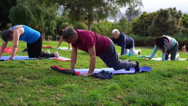 Multiracial senior people doing yoga stretching exercise at city park	